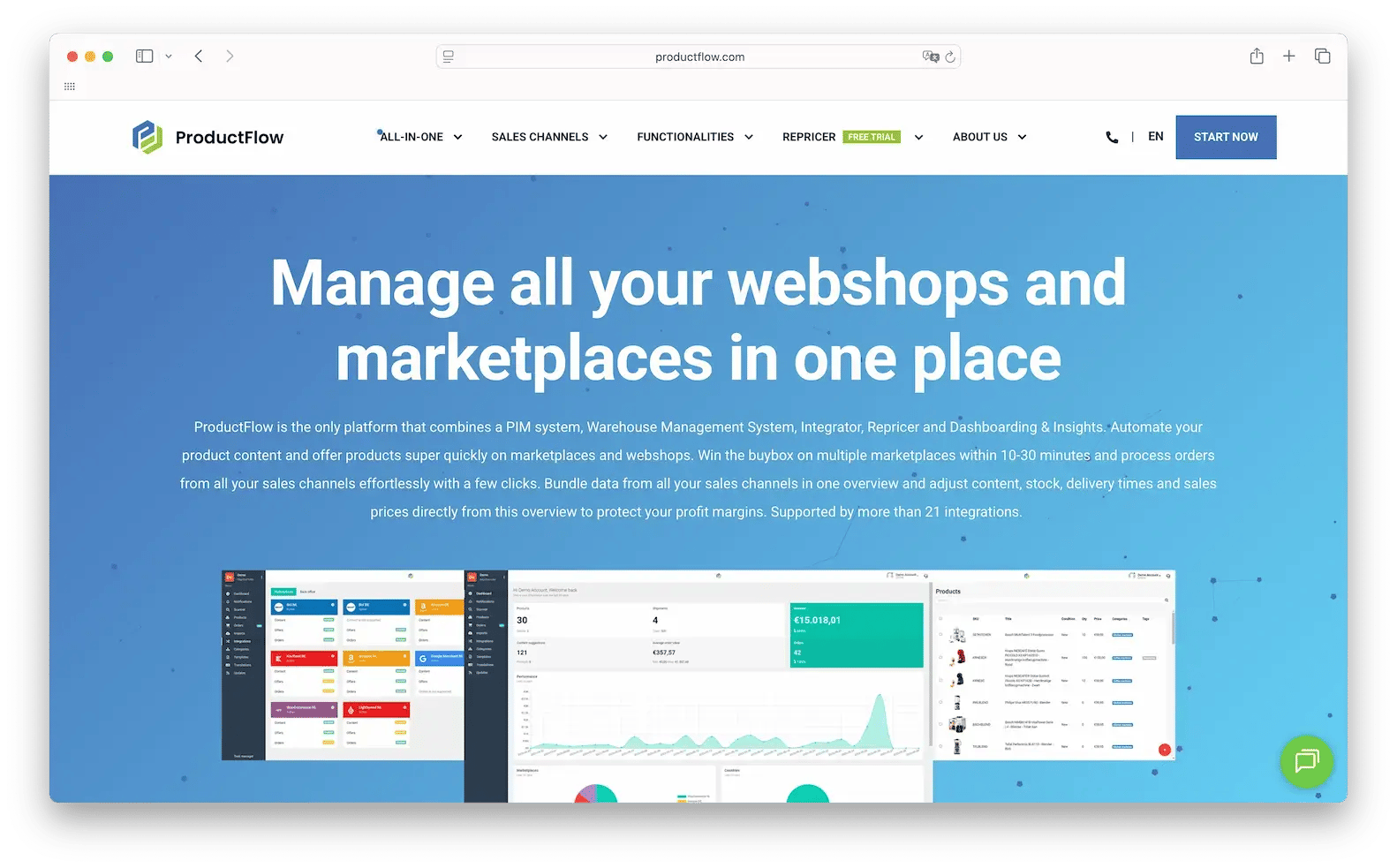 Marketplace management software + homepage ProductFlow